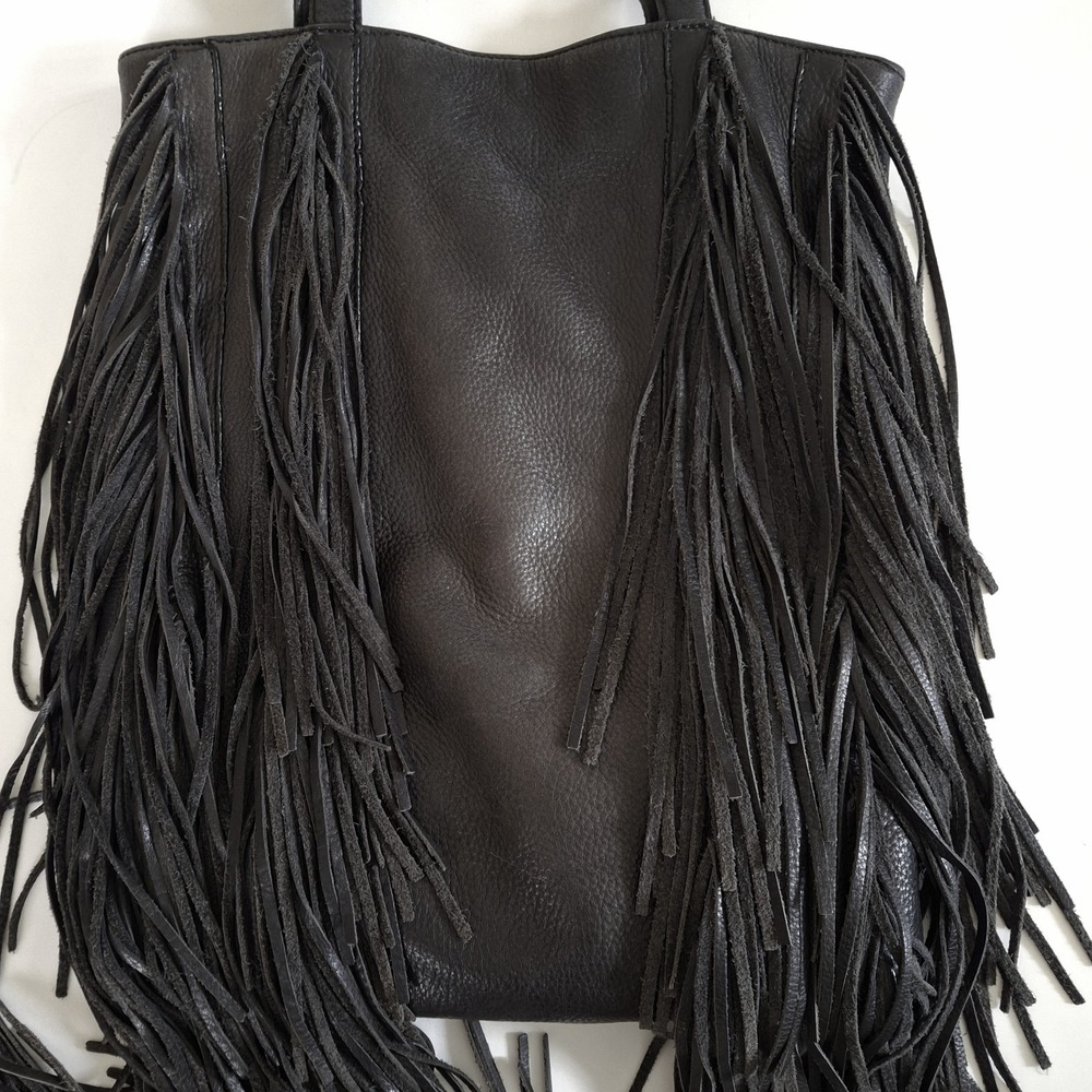 Vintage Kenneth Cole Black Leather Fringe Tote Bag Boho Biker Western Festival - Picture 2 of 9